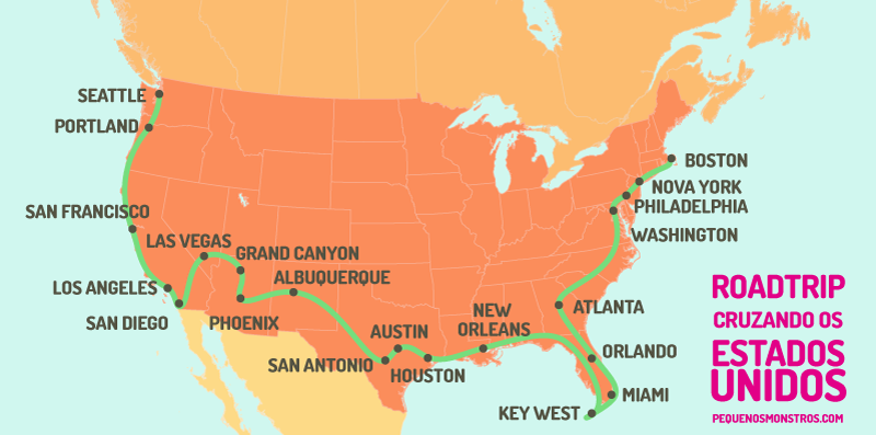 Mapa Estados Unidos Roteiro de Viagem de Carro