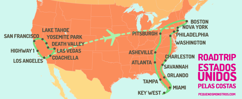 Mapa Estados Unidos Roteiro de Viagem de Carro